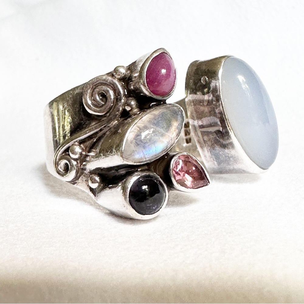 Multi Stone Chalcedony Moonstone Garnet Onyx Adjustable Sterling Silver Ring